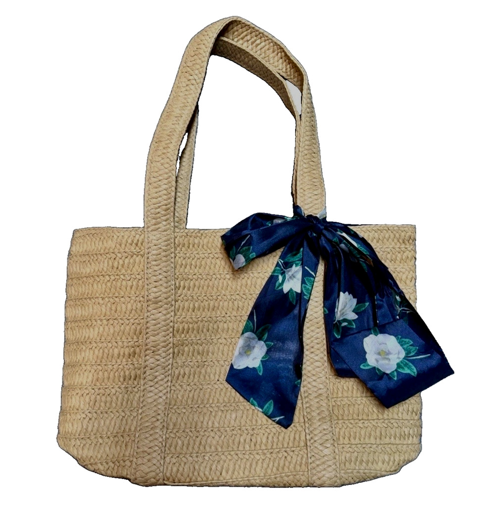Draper James Straw Tote Bag Natural Woven Beach Bag Coastal Navy Scarf Large
